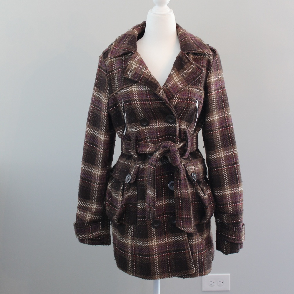 Paris Blues Brown Plaid Pea Coat (L)